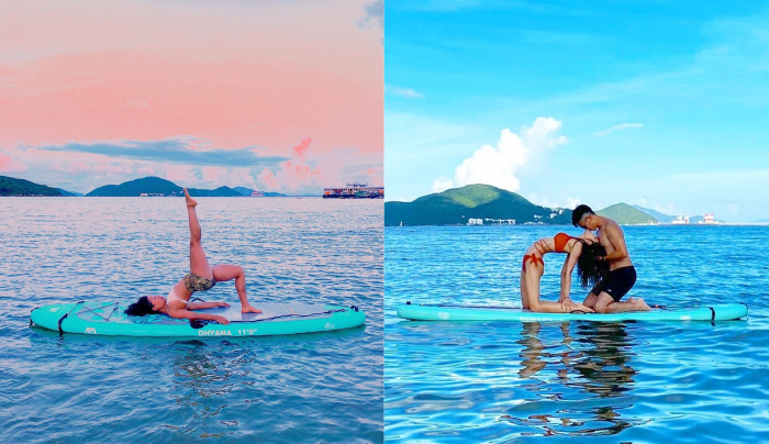 過程當中會用上水上瑜珈專用的直立版，會比一般直立板更大和穩定，減低新手因為無法平衡而「跌落水」的機會。情侶們亦可以一同參與，做出浪漫的瑜珈動作打卡留念一番！